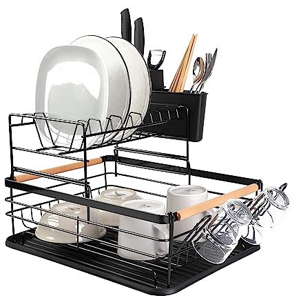 EliteHoff Escurridor de platos grande | Secador de platos de 2 niveles - Estante de secado de platos XXL con mango de madera con tack, cesta de cubiertos, cesta de plato y vajilla, portavasos (Negro)