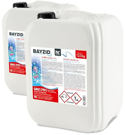 Bayzid® Chlore Liquide 48° – Désinfectant Rapide pour Piscine – Bidon 2 x 12,5 kg – 13-15% de Chlore Actif – Clarifiant Eau Cristalline – Idéal Spa, Jacuzzi, Pataugeoire