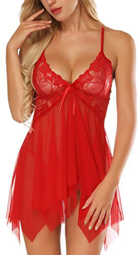 RZS Womens Sexy Lingerie Lace Babydoll Set Open Front Style Nightwear Strap Dress(Red, S)