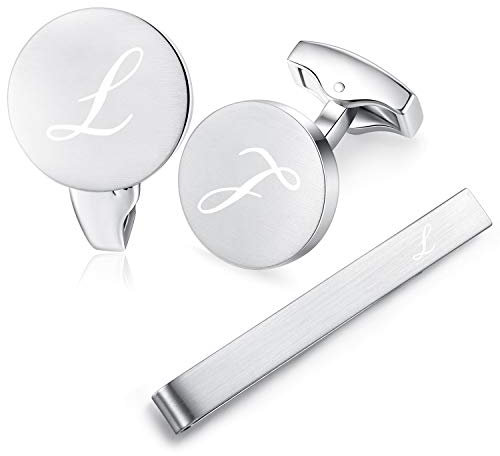 HONEY BEAR Manschettenknöpfe Krawattennadel Set Initialen Buchstabe Herren Edelstahl Hochzeit Cufflinks Manschettenknopf Silber (L Set)
