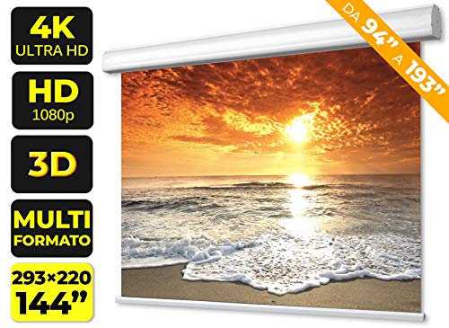 Schermo Proiezione Motorizzato (144 Pollici) 300cm Multi Formato 4:3 16:9 16:10 293x220 Telo Grigio 3 metri Elettrico Schermo proiettore 3mt Motore Schermo Videoproiezione 3 mt FullHD 4K 3D