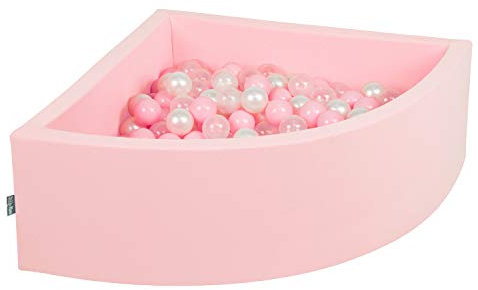 KiddyMoon Viertel Eckig Bällebad Bällepool 90X30cm/200 Bälle ∅ 7Cm Ballgruben Für Babys Spielbad Kleinkinder, Hergestellt In Der EU, Pink:Puderrosa/Perle/Transparent