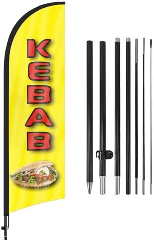 QSUM Kebab-Federflagge,8FT Kebab-Werbe-Swooper-Flagge mit Stangen-Set, Erdspieß,Kebab-Schilder für Unternehmen und Schaufenster
