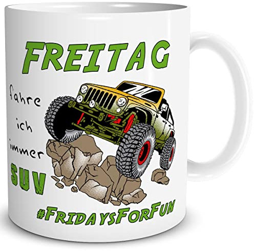 TRIOSK Tasse Auto lustig mit Spruch Freitag fahre ich Immer SUV Fridays for Fun Automotiv Geschenk für Autofahrer Autofans Männer Jungs Kollegen, Keramik 300ml