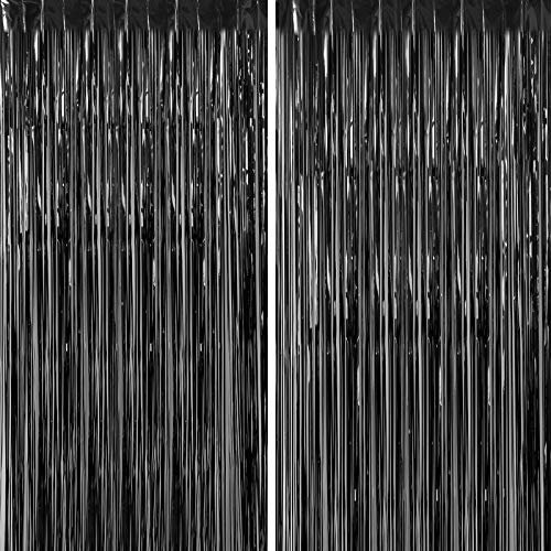 CHRORINE 2pcs 3ft x 8.3ft Black Tinsel Fringe Curtains Streamers Photo Backdrop for Birthday Graduation Halloween Anniversary Party Decorations