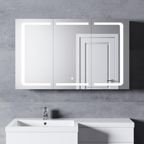 SONNI Spiegelschrank 3-Türig Mit Touchschalter, Bad-Beleuchtung Kalt-/Neutral-/Warmweiß, 105 x 65cm LED Edelstahl Mit Steckdose