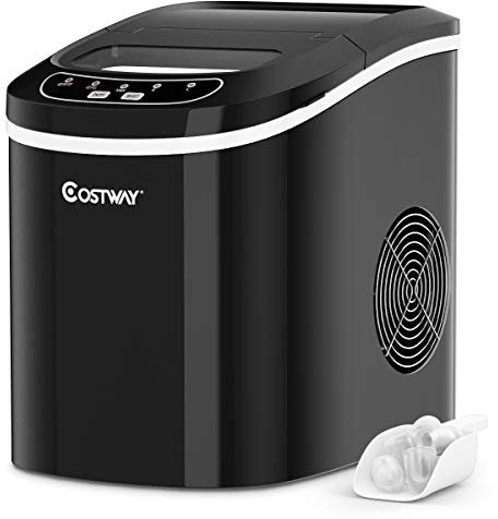 COSTWAY Eiswürfelmaschine 12KG/24H, Ice Maker 9 Eiswürfel in 6-13min, Eismaschine 2,2L Wassertank, Eiswürfelbereiter 2 Eiswürfelgrößen inkl. Schaufel, 25x36x33cm (Schwarz)
