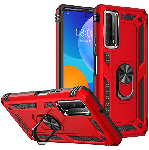 BestST Handyhülle für Huawei P smart 2021/Y7a + HD Displayschutz, Cover für Huawei P smart 2021/Y7a hülle, 360 Grad Drehbar Ringhalter Handytasche Case Handy Hüllen,Rot