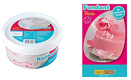 Decocino Fondant weiß – 1 Kilo Vorteilspack – ideal zum Verzieren von Kuchen, Torten, Cakepops – palmölfrei & vegan & Fondant Rosa – 250 g – ideal zum Verzieren von Kuchen, Torten, Cupcakes
