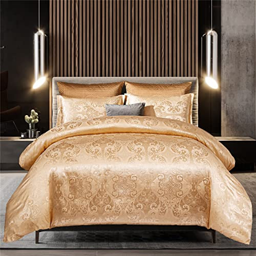 WONGS BEDDING Gold Satin Jacquard Bedding Set Silk Damask Duvet Cover King Size Luxury Style Ultra Soft Microfiber Quilt Cover 220x230cm with 2 Pillowcases