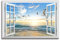 Fenster Strand Bild Leinwand Wandkunst – Künstlicher Fensterblick Ozean Druck mit gerahmter Möwe Vogel Foto Dekor für Zuhause blaue Wände Größe 91 x 61 cm