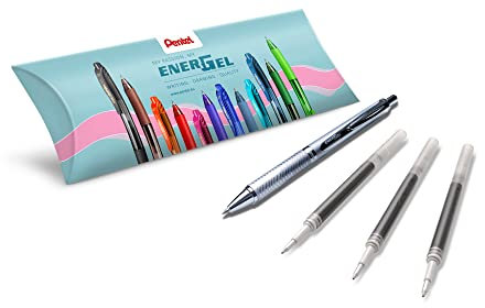 Pentel Energel Sterling BL407, einziehbarer Gel-Tintenroller, mittlere Spitze, 0,7 mm, Metallgehäuse, schwarze Tinte, 1 Stift + 3 LR7-Minen