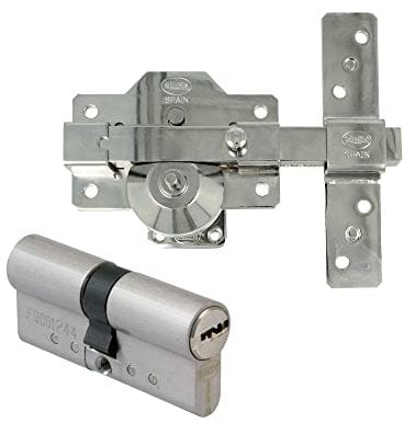 Amig - Pack de Seguridad Cerrojo de Acero y Cilindro de Latón Igualado para Puertas de Madera, Mod. 1PLUS, 70 mm (35-35), Aumenta la Seguridad de tu Hogar, Acero Plateado