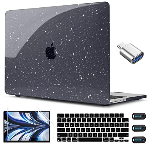 CISSOOK Schwarze Glitzer-Schutzhülle für MacBook Air 13,6 Zoll 2025 2024 2022 Modell A3240 A3113 A2681, glitzernde schwarze Hartschale mit Tastaturabdeckung, USB-Adapter für MacBook Air 13 M2 M3 M4