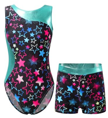 YiZYiF Mädchen Turnanzug Glänzend Gymnastik Leotards Ballett Trikot Tanz Body mit Shorts Kurze Hose Sport Overall Yoga Set Wettbewerb Tanzkostüm A_Sternen&Schwarz 146-152/11-12 Jahre