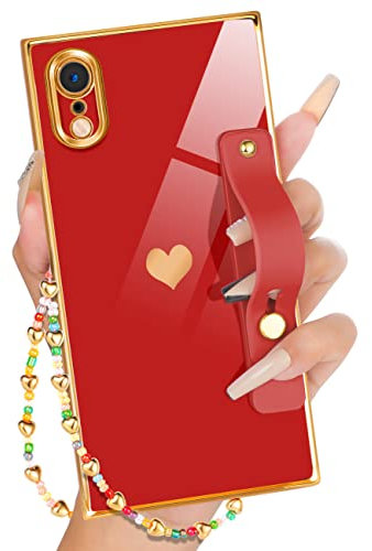 Petitian for iPhone XR Case Stand/String, Luxury Cute Women Girls Heart Electroplated Designer Phone Cases for XR, Red