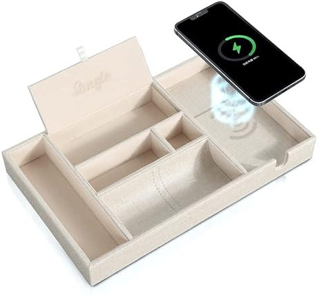 SANZIE Leather Tray with Wireless Charger - Nightstand Organizer for Phone, Wallet, Keys, Sunglasses, Watches, Jewelry, and More (White)