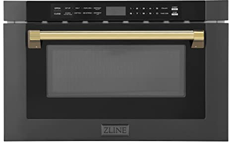 ZLINE Autograph Edition 24 1.2 cu. ft. Built-in Microwave Drawer in Black Stainless Steel and Polished Gold Accents