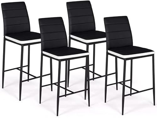 IDMarket - Lot de 4 tabourets Romane en PVC Noirs Bandeau Blanc, chaises de Bar rembourrées