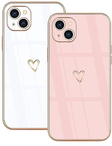 Lonrapa 2 Stück iPhone 13 Handyhülle Süße Herz Muster Motiv Hülle für Mädchen Frauen Farbe Galvanisierte Weich TPU Bumper Silikon Stoßfest Schutzhülle iPhone 13 6,1 Phone Case Cover - Weiß & Rosa