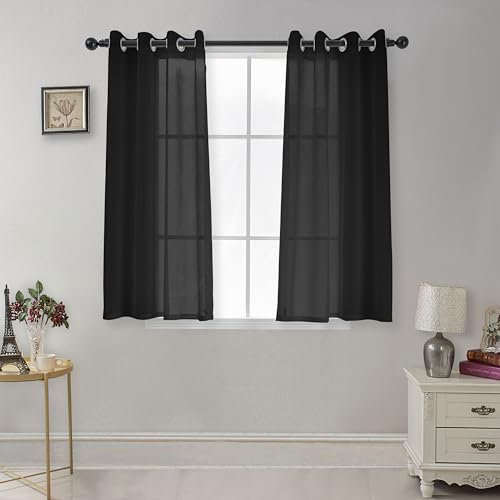 CUCRAF Transparente Gardinen mit ösen Vorhänge Wohnzimmer & Schlafzimmer, H175 x B140cm 2er Set Transluzente Vorhänge Schwarz, Unifarbene Pflegeleichte und Knitterfreie Vorhänge in Leinenoptik