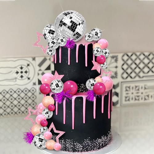 DRWATE Disco Ball Cake Topper - Mirror Balls with Pink Stars for 70s 80s Disco Dance Party Supplies