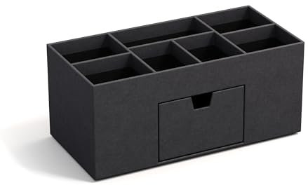 BIGSO VENDELA Schreibtisch Organizer mit 7 Fächern und Schublade – Ablagebox aus Faserplatte und Papier in Leinenoptik – Schreibtischset für Büromaterial – schwarz