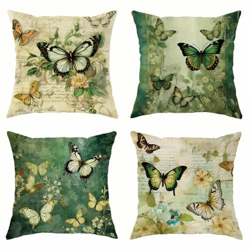 4 Stück Schmetterling Floral Grüne Kissenbezug, Frühling Retro Kissenbezug Samt Dekorative Kissenbezug 45×45 cm, Kein Kissenkern
