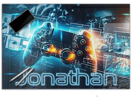 Gamer Schreibtischunterlage personalisiert mit Namen | 60 x 40 cm Neon Controller | wasserfeste Schreibunterlage, abwischbar, hochwertiges Acrylglas, gaming Motiv Teenager Kunststoff
