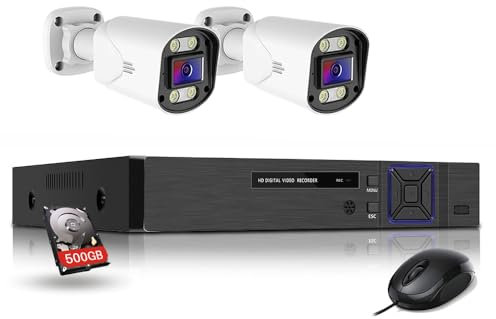 JUSTOP Starlight 4 Channel Outdoor CCTV Camera System, Smart Security Kit, Full Colour Night Vision, AOC Audio Recording, H.265+ DVR with 500GB Hard Drive and 2x 1080P Cameras, Email & APP Alert