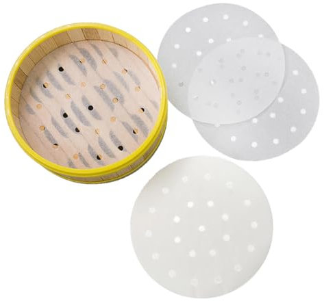 200 Stück Dim Sum Papier als Unterlage für Bambusdämpfer, Dampfgarer Air Fryer Airfryer Liner, antihaftbeschichtet, rundes Backpapier Perforiertes Bambus Papier (6Zoll/15.2cm)