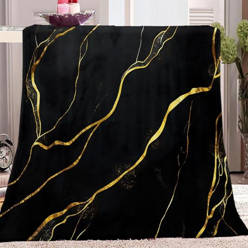 Kuscheldecken Sofaüberwurf Weiche Flauschige Decke Schwarz und Gold 180 x 200 cmMarmor Muster für Sofadecke, Tagesdecke - Gemütliche Flanelldecke, Warme Decken für Herbst Winter