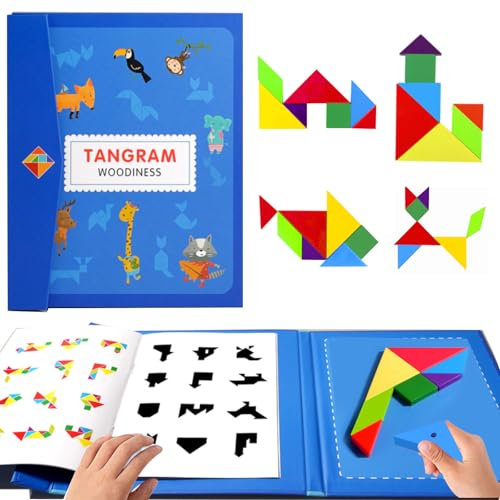 Magnetische Holz Tangram Spiele für Kinder, Magnetischer Tangram, Tangram Magnetpuzzle Geometrische Formen Puzzle Bausteine Buchform Magnetischer Tangram aus Holz