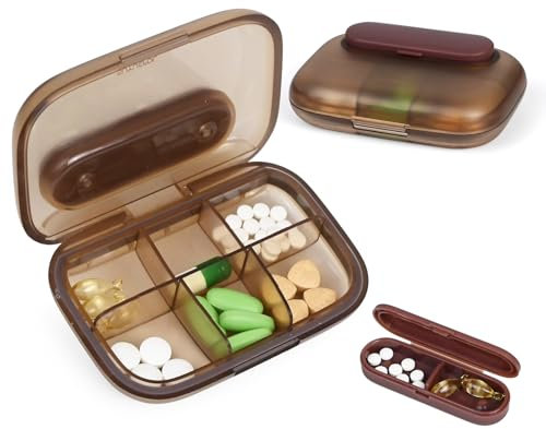 Luxoraiova Tablettenbox, Reise-Pillendose mit 6 Fächern – BPA-frei, Wasserdicht & Kompakt für Alltag und Urlaub (Braun)
