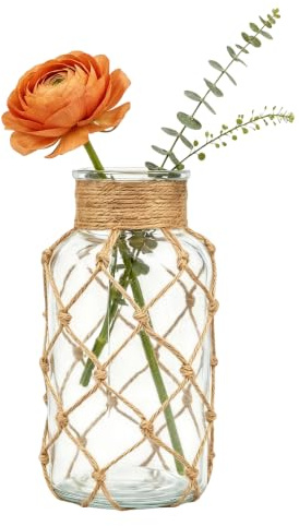 1 jarrón de cristal transparente de 500 ml, tarros de boticario, botellas de vidrio decorativas, vintage, pequeños jarrones de flores de vidrio con diseño de envoltura de cuerda para decoración del