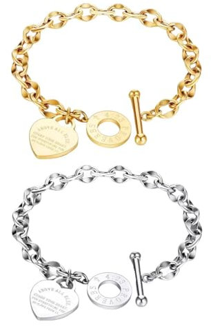 HDGSAFD Braccialetti d'Amore in 2 Pezzi, Bracciali in Acciaio al Titanio, Gioielli da Donna Personalizzati, Catene alla Moda E Raffinate, Braccialetti con Ciondolo