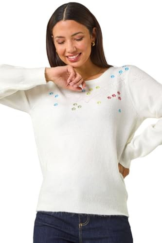 Roman Originals Women Embroidered Embellished Jumper - Ladies Round Neck Long Length Pretty Smart Casual Workwear Office Knitwear Sweatshirt Pullover - Ivory Multi - Size 18