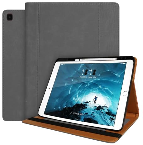 World biz Leather Case for iPad Pro 12.9 Inch 2017/2015 (Old Model, 1st and 2nd Generation), Premium Leather Multi-Angle Viewing Stand Cover with Pencil Holder & Card Slots, Auto Sleep/Wake, Grey