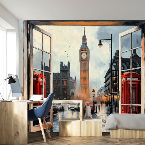 Papel Pintado Pared Ventanas 3D Fotomurales 3D Tv Fondo Pared Moderno Dormitorio Murales, 380x280cm - 7 partes Fotografía, Retro Big Ben Británico