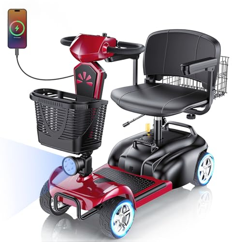 15/25/30/50Miles Eldryvon 4 Wheels Electric Mobility Scooter for Seniors, Dual Basket, 350W Powered Wheelchair with Rotating Seat, Foldable Motorized Scooter for Adults (Red, 15Miles)