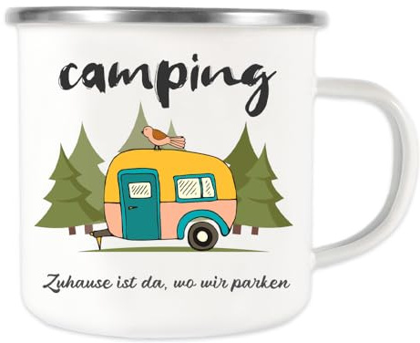 Anicy Emaille Kindertasse Wohnwagen Geschenke, Weiß | Personalisiert, Camping Zubehör, Zuhause ist da wo wir Parken, Emaille Becher