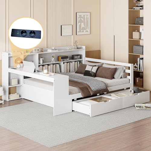 Dolamaní Tagesbett Bett 140x200 cm, Mit Schreibtisch Bücherregalen Ablagefächern und Regalen, 2 großen schubladen, Funktionsbett(Weiß)