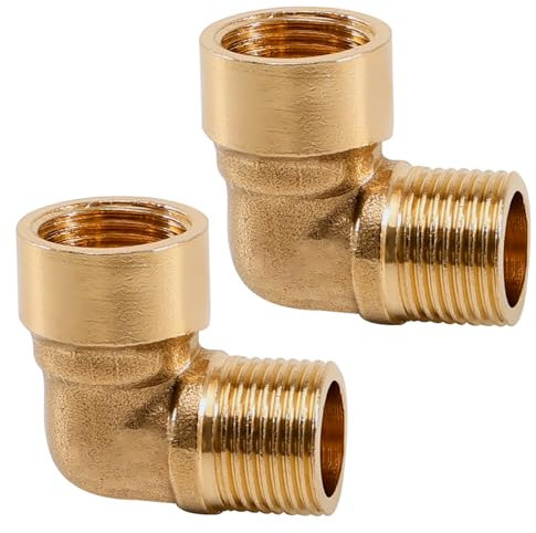 2 Stück Messing Winkel 90°, 3/8 Bogen Messing, 3/8 Zoll Innengewinde x Außengewinde Sanitär Anschlussstücke Winkel, Winkel 90 grad IG/AG, DN10 Rohrwinkel Bogen für Rohranschluss Wassertank Garten