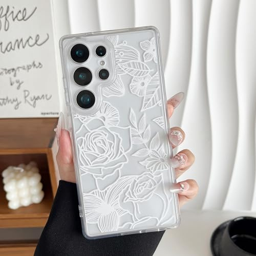 XIZYO Aesthetic Rose Flower Case for Samsung Galaxy S25 Ultra, Clear White | Cute Rose Floral Pattern, Transparent Cover, Luxury Women Girly Design, Soft TPU, Slim Thin, Shockproof Anti-Yellow