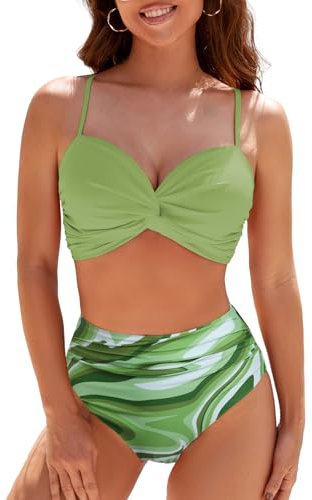 Adigaber Women's Plus Size Bikini Set Twist Front High Waisted Padded Two Pieces Bathing Suits Swimsuits Green