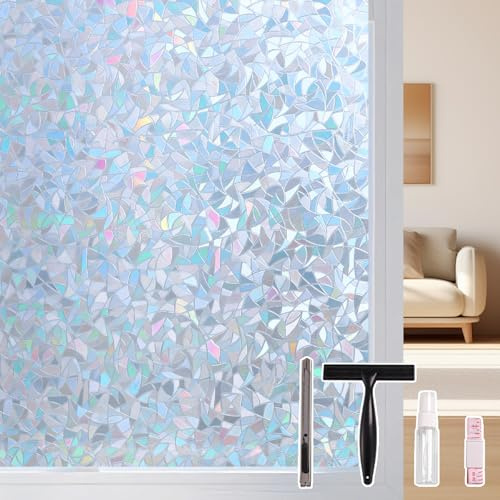 Conkov Fensterfolie Spiegelfolie 3D Regenbogen Effekt Silber 90 x 400 cm | Mirror Effect Statisch haftend Wärmeabweisend UV-Schutz Schimmernd Dekorfolie für Wohnzimmer Küche Büro Halbmond Mit Werkzeug