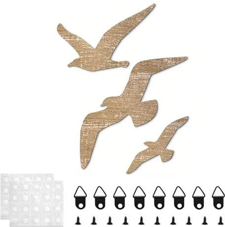 DUTIFUL Möwen Wanddeko 3er Set Möwen Wanddeko Holz Maritime Holzoptik Vögel Deko Möwe Holz Wanddekoration für Wohnzimmer Schlafzimmer Badezimmer Flur Ferienhaus (Holzfarbe)