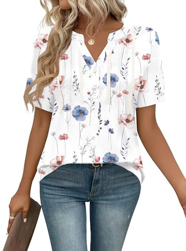 IECCP Womens Tops Summer Short Sleeve T-Shirts Fashion Dressy Tunic Blouses Office Wear Work Pleated Clothes Shirts Floral White M (UK 12-14)
