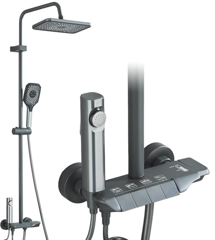 Rozin Duscharmatur Komplettset,Duschsystem mit Armatur,4 Modi mit Regendusche und 3 Strahlarten Handbrause,Konzentriertem Strahl und Wannenarmatur,Duschgarnitur mit Regendusche Grau