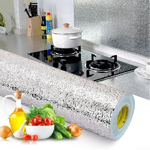 Kitchen Backsplash Wallpaper Aluminum Foil Contact Paper Oil-Proof Heat Resistant Wall Sticker for Countertop Drawer Liner Shelf Liner Silver